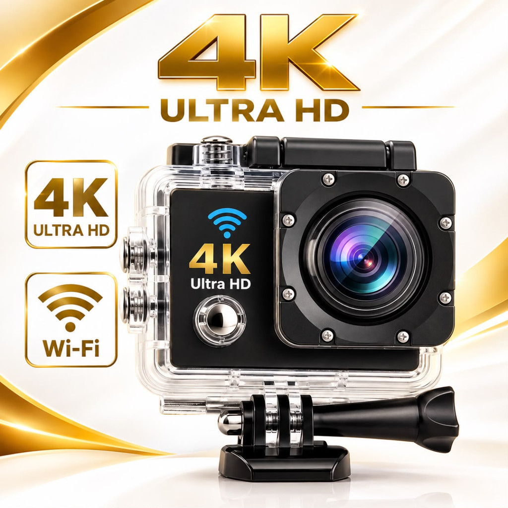 Câmera de Ação 4K Ultra HD WiFi 30m Action Cam Esportiva com Case à Prova d'Água Preta Tela 2'' Kit Acessórios