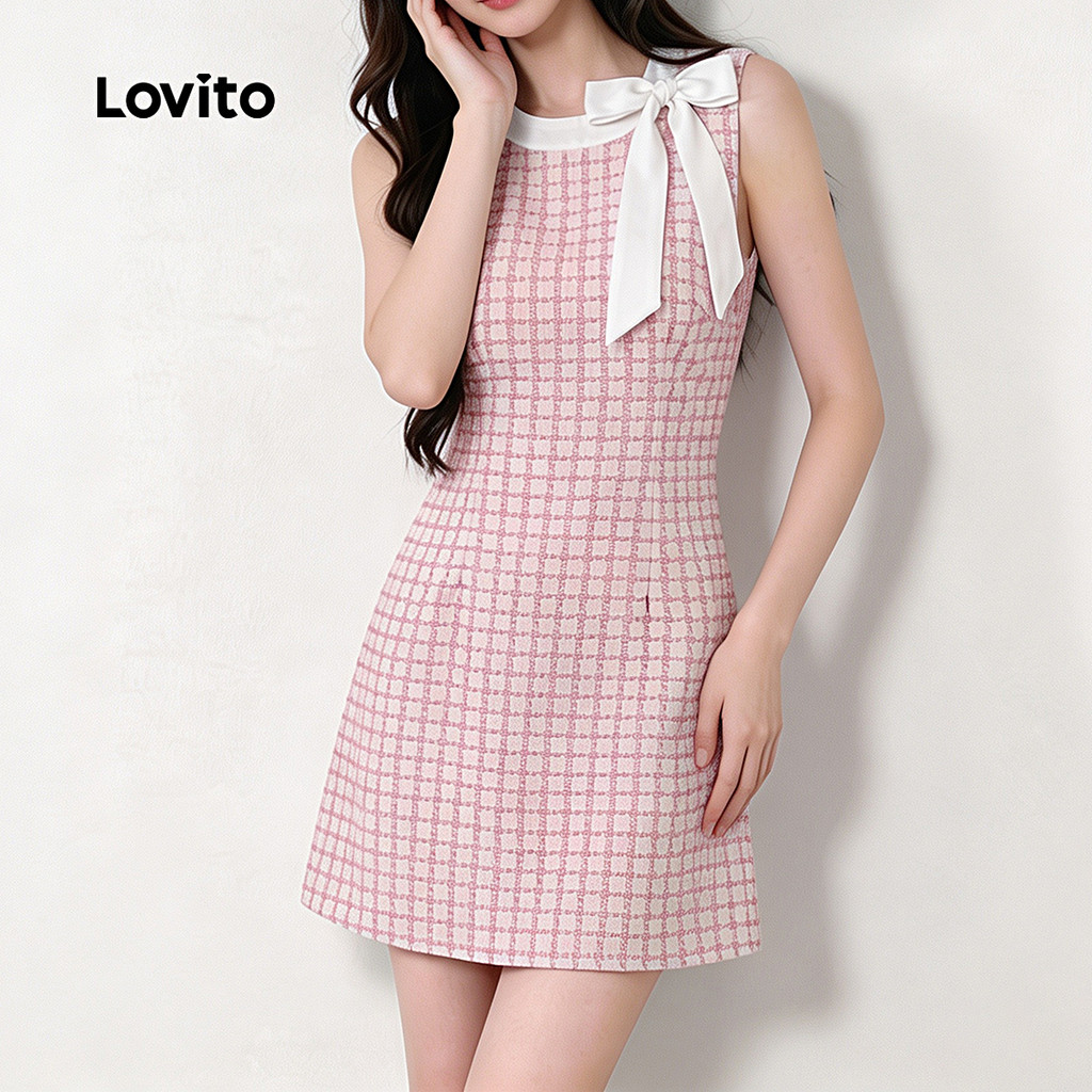 (New Arrival) Lovito Vestido Feminino Elegante Rosa Claro Xadrez Vichy Curto E evasê Com cordões primavera/verão DRB206TD136 — imagem 2 de 2