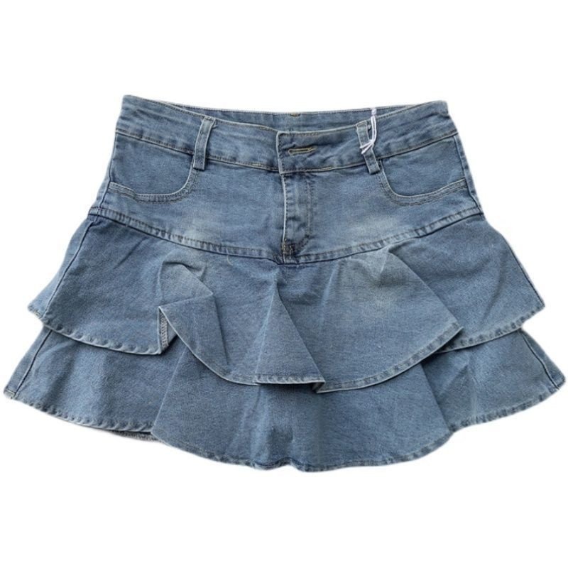Saia curta jeans com babados duplos, modelo primavera/verão, versátil, para pessoas de baixa estatura, saia de bolo com 