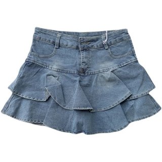 Saia curta jeans com babados duplos, modelo primavera/verão, versátil, para pessoas de baixa estatura, saia de bolo com 