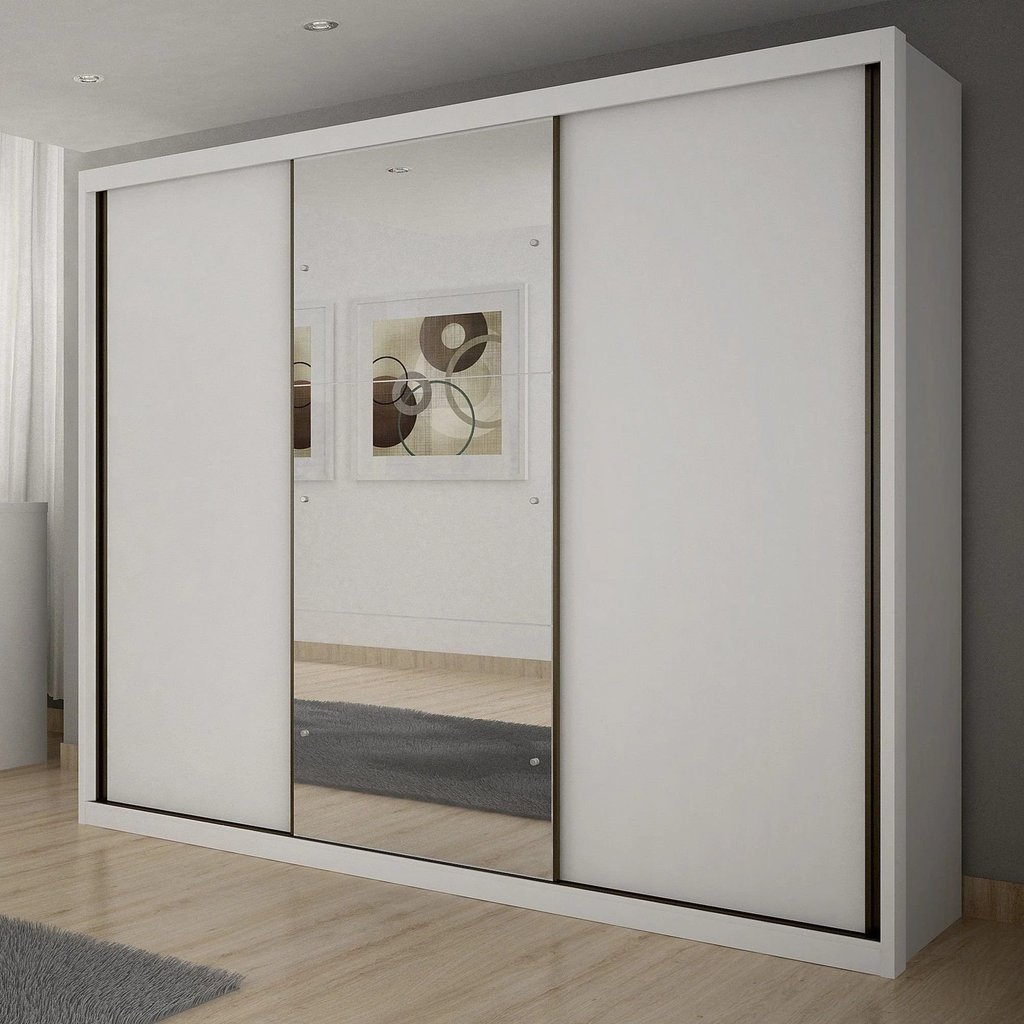 Guarda-Roupa Casal com Espelho 100% MDF 3 Portas de Correr 6 Gavetas Branco Vegas Branco