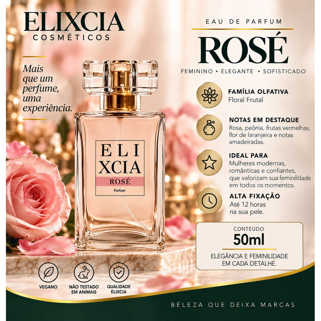 Perfume Feminino Elixcia Rosé 50ml – Floral Frutal – Elegante e Fresco – Alta Fixação