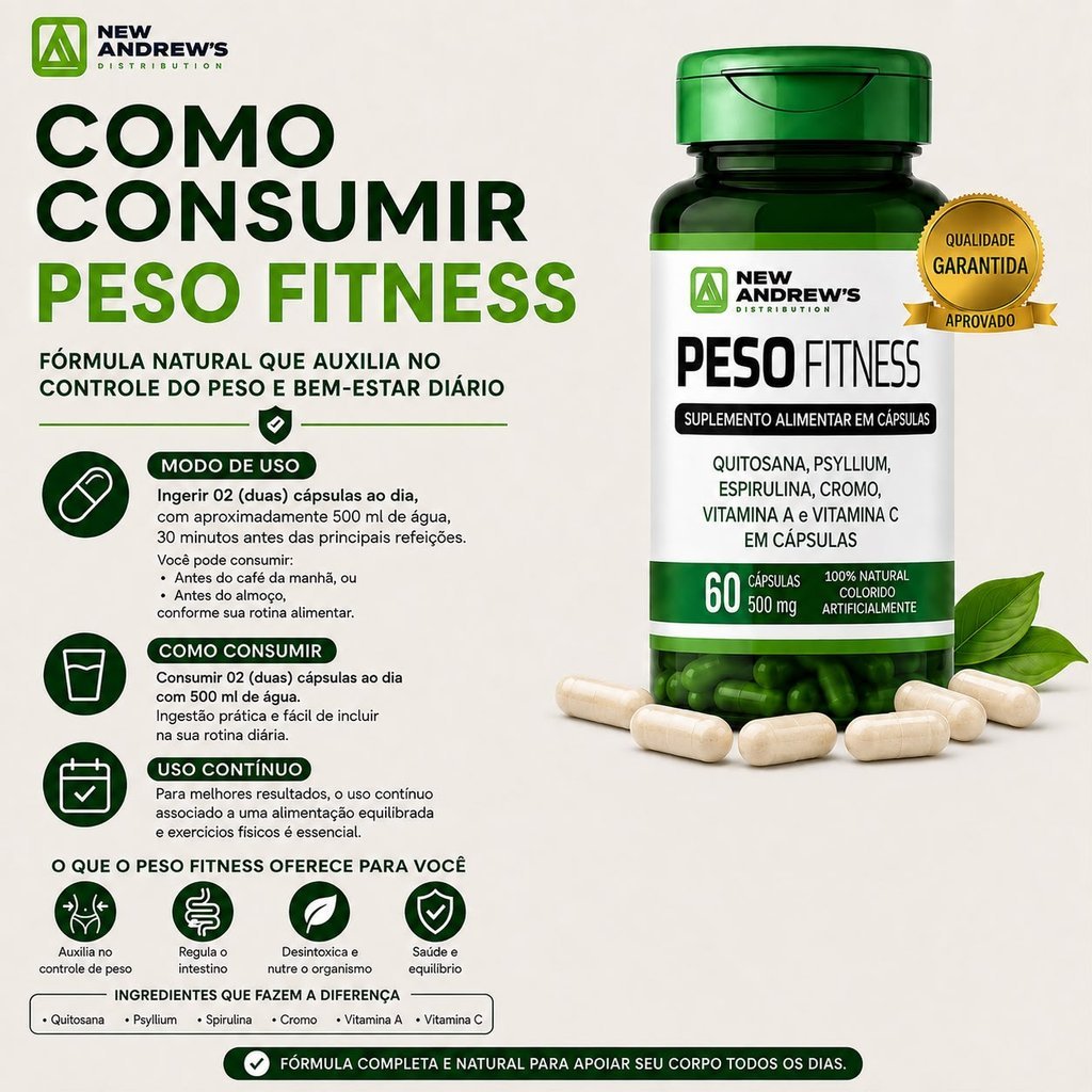 Quitosana + Cromo + Psyllium + Spirulina + Vitaminas A e C | Peso Fitness | New Andrew's | 500mg | New