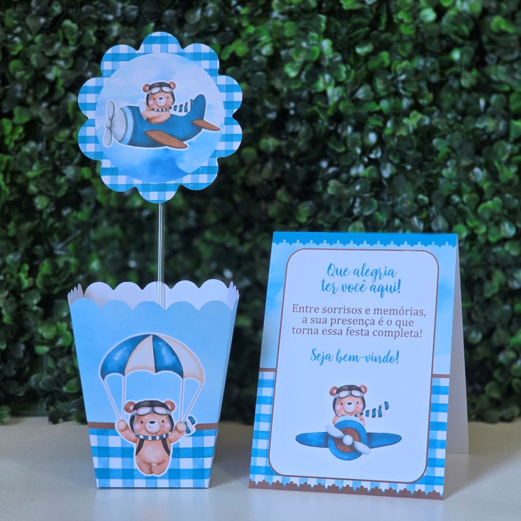 Centros de mesa + Plaquinhas URSINHO BALOEIRO AVIADOR festa infantis lembrancinhas aniversario decoração personalizados