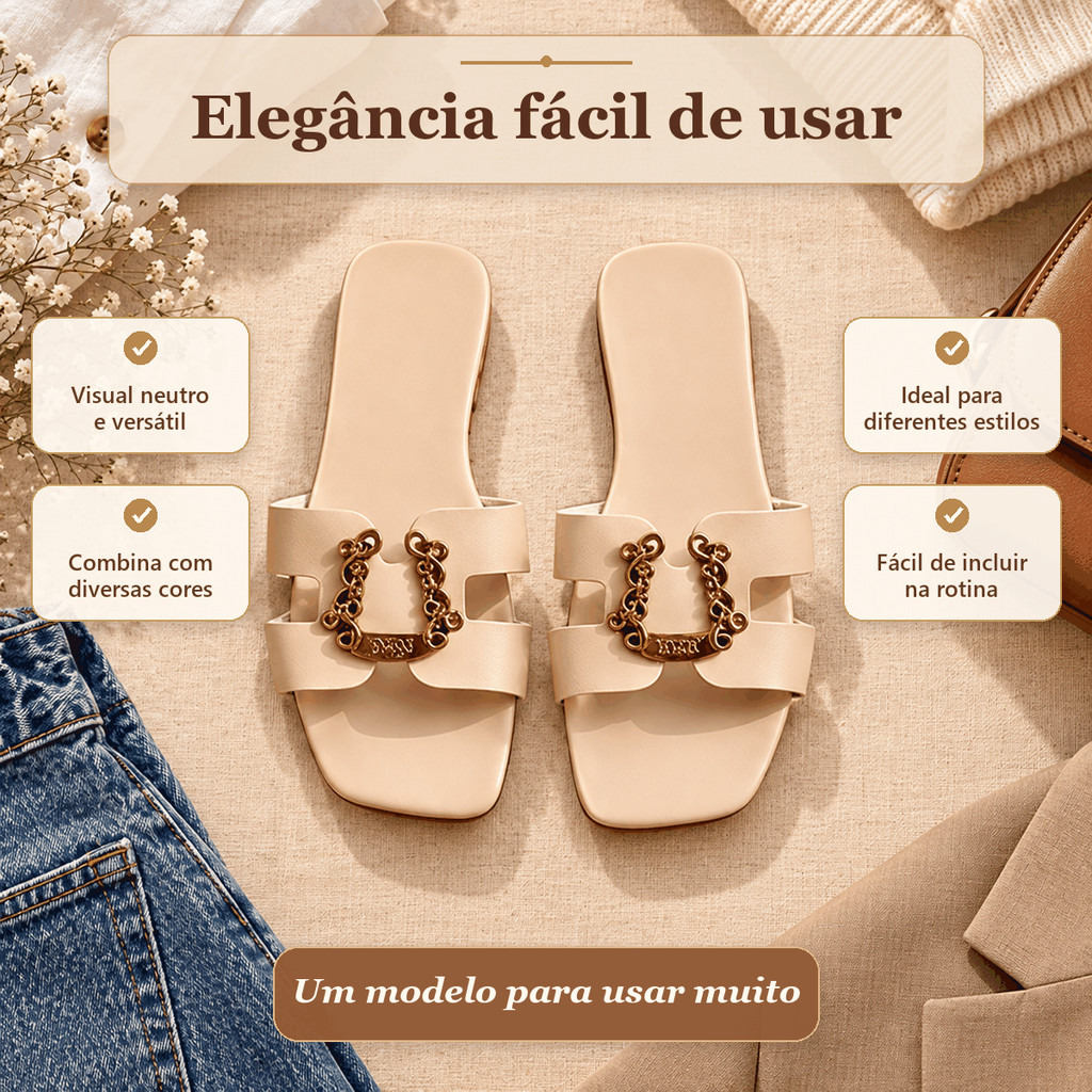 **Rasteirinha Feminina Bico Quadrado Detalhe Dourado Sandália Rasteira Elegante Confortável Casual Verão Festa