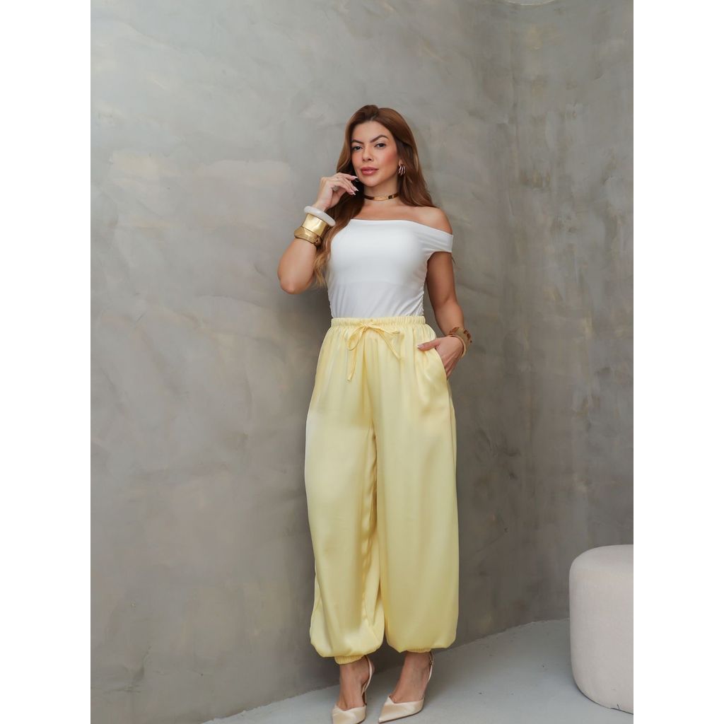 SM Calça Feminina Jogger Aladim Cetim Premium Cordão e Elástico Primavera Verão Ref - 1137