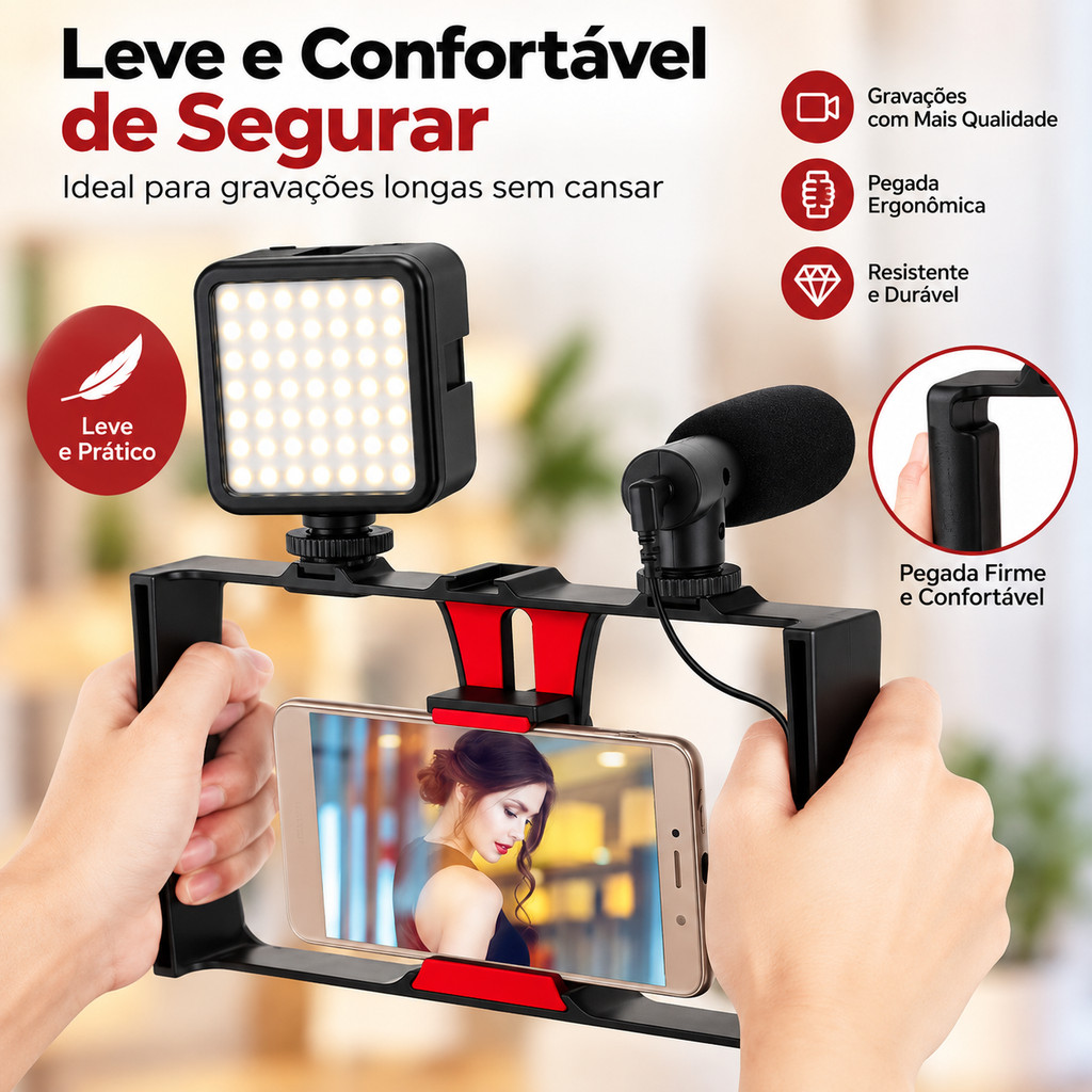 Kit Estabilizador Para Celular Com Microfone E Luz LED Suporte Gaiola Cage Para Vlog Vídeos Lives