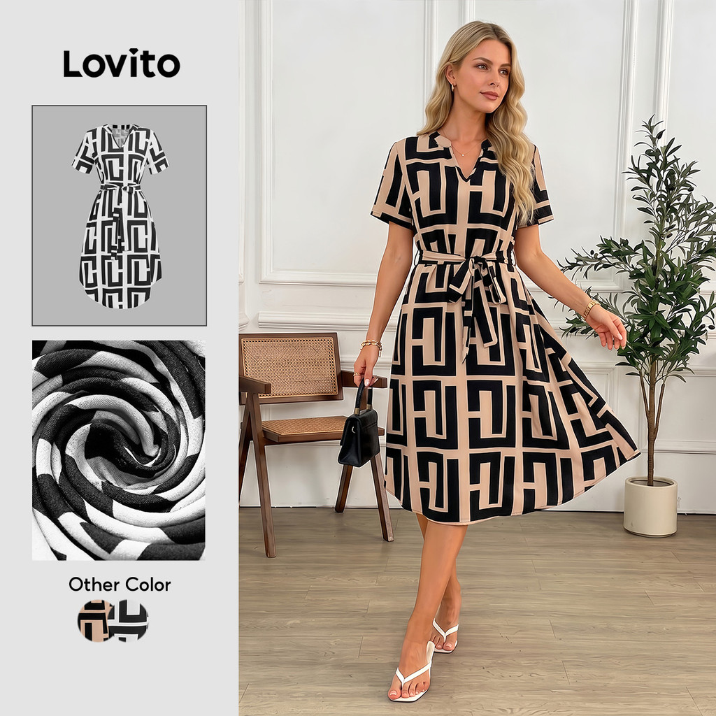 Lovito Casual Vestido Com Estampa Geométrica Vestido Com Cadarço Para Mulheres Bordado LNL75255