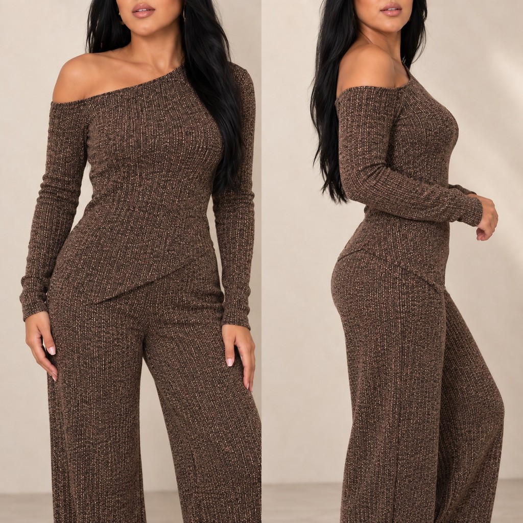 Conjunto Feminino Elegante Blusa Assimétrica e Calça Pantalona de Lã Canelada Casual Social Conforto Inverno Frio