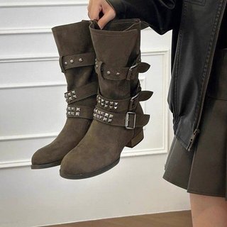 Botas femininas de salto grosso, estilo retrô e elegante, com bico redondo, cano curto, em camurça folgada, tamanhos 35-