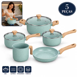Conjunto 5 Panelas Antiaderente Revestimento Cerâmico Indução Caçarola Frigideira Tampa de Vidro Verde Mimo Style