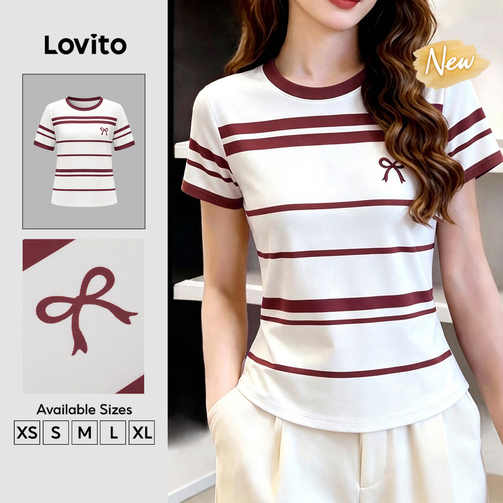 (New Arrival) Lovito Camiseta Casual Estilo Retrô Anos 90 Com Laço Para Primavera/verão Marrom Para Mulheres TSK9P1D561