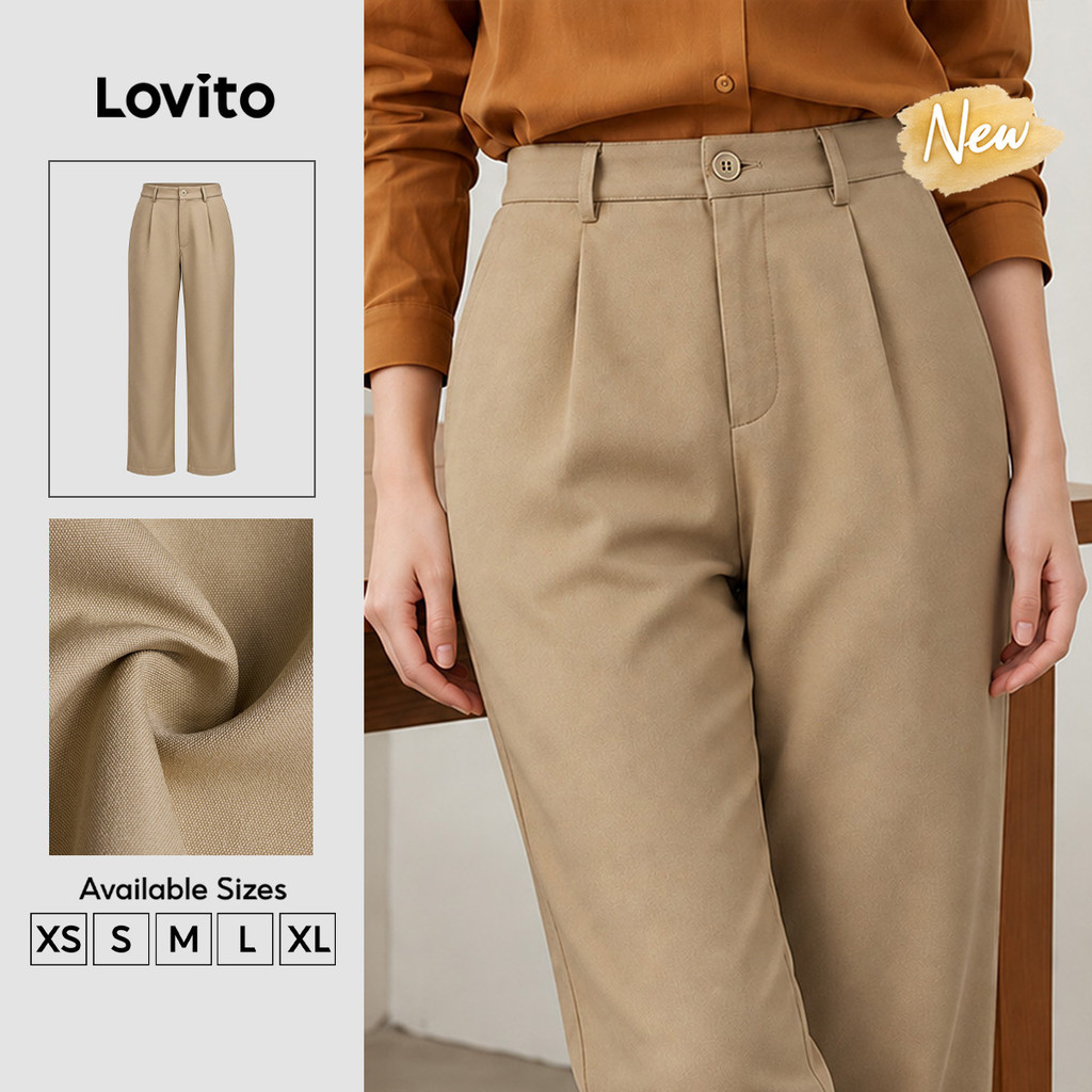 (New Arrival) Lovito Calças Elegantes Estilo Anos 90 Com Zíper E Estrutura Estruturada Para O Dia a Dia Na Primavera/verão Na Cor Cáqui Feminino PTK9P1D646