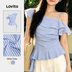 Lovito Blusa Casual com Drapear e Ombro a Ombro Blusa Azul para Mulheres BLK8P1D690