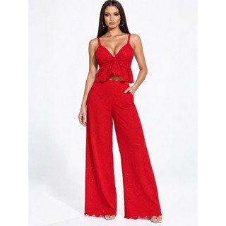Conjunto Feminino de Laise com Cropped de Alças e Calça Pantalona