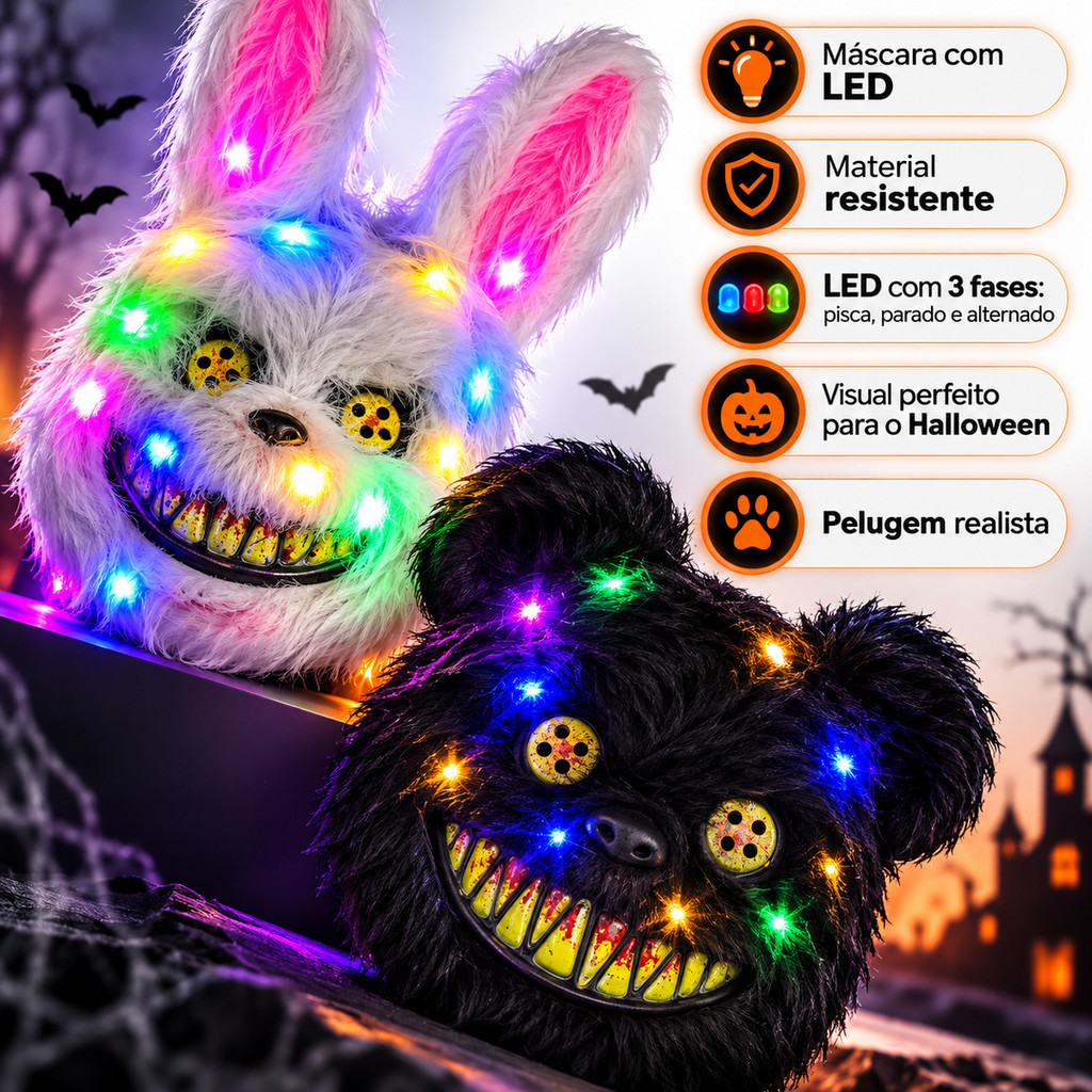 Máscara Led Neon Halloween Cosplay Fantasia Festa Carnaval Urso Coelho Assustadora Realista