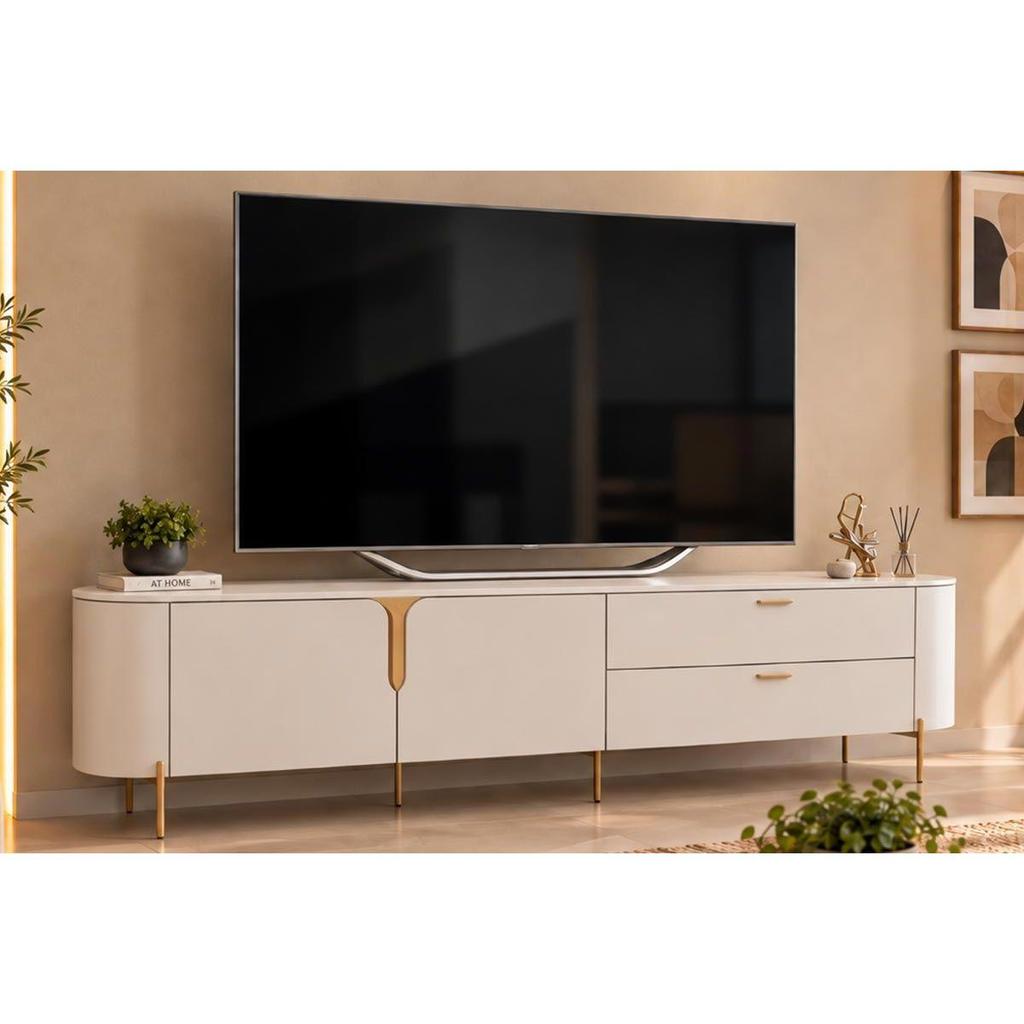 Rack Bancada p/ TV até 75 Pol Celine 100% MDF c/ Pés 241x57cm Off White/Off White - DJ Móveis