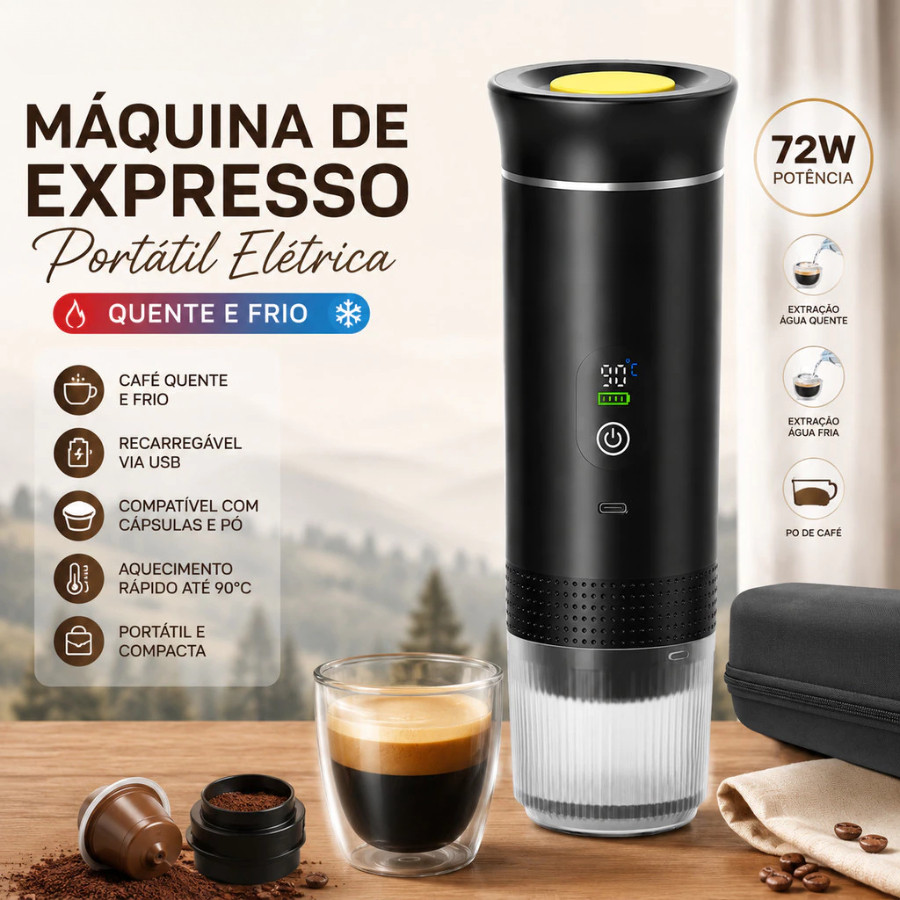 Máquina de Café Expresso Portátil 3 em 1 para Viagens com Bateria Recarregável USB Compatível com Cápsulas e Café em Pó