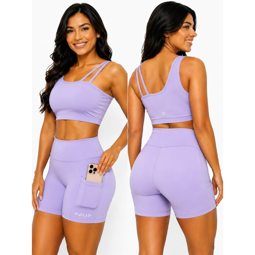 Conjunto Fitness Top + Short Lilas com Bolso Lateral Cintura Alta Poliamida Zero Transparência Academia Treino Mali