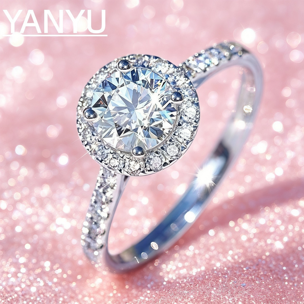 Conjunto de anéis redondos clássicos, anel feminino em prata S925 com diamantes, anel de noivado luxuoso, anel com relev
