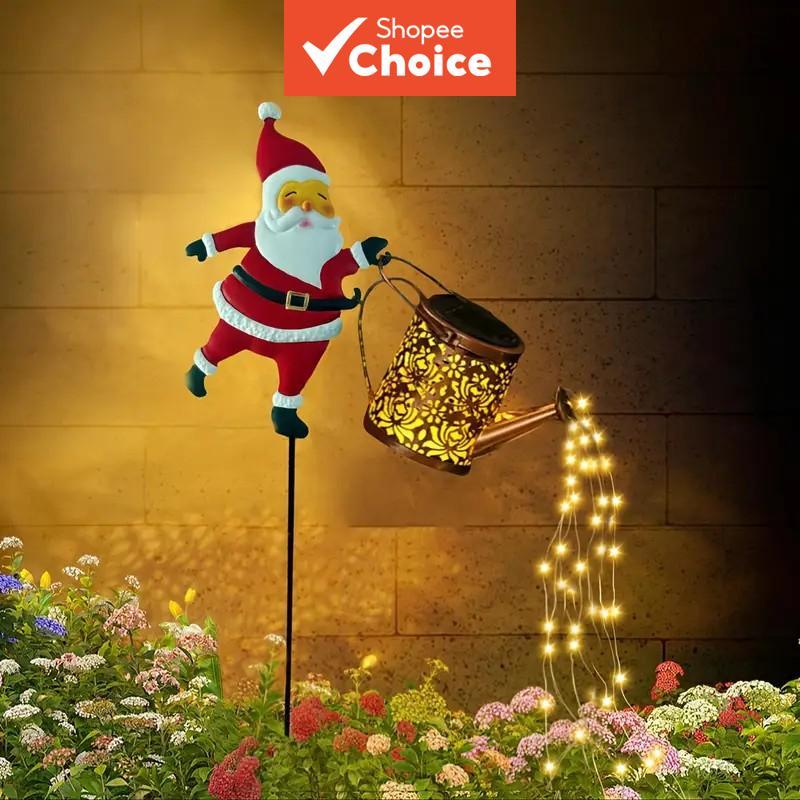 Um Conjunto Movido A Energia Solar Papai Noel Rega Pode Luzes De Fadas , Luz Quente Da Cachoeira Do Diodo Emissor De Par