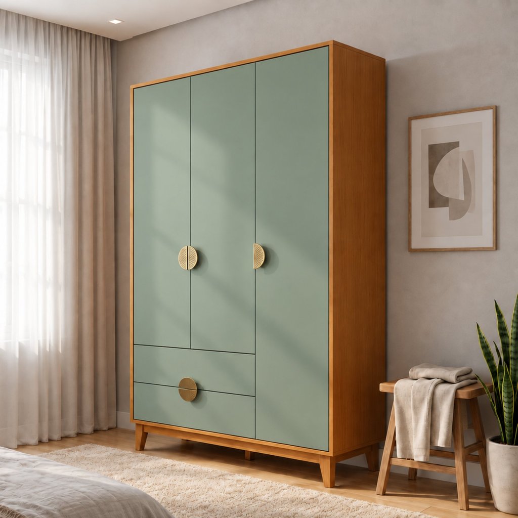 Guarda-Roupa Solteiro 3 Portas 2 Gavetas MDF Ipê Cinamomo Sálvia Cinamomo/Sálvia