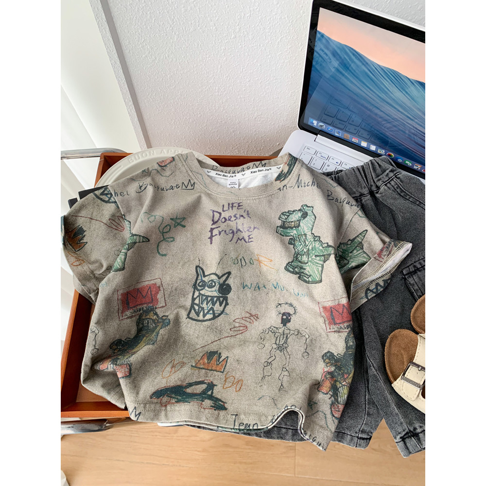 Meninos dinossauro camiseta de manga curta 2026 novo estilo estilo ocidental pequeno médio crianças dos desenhos animado