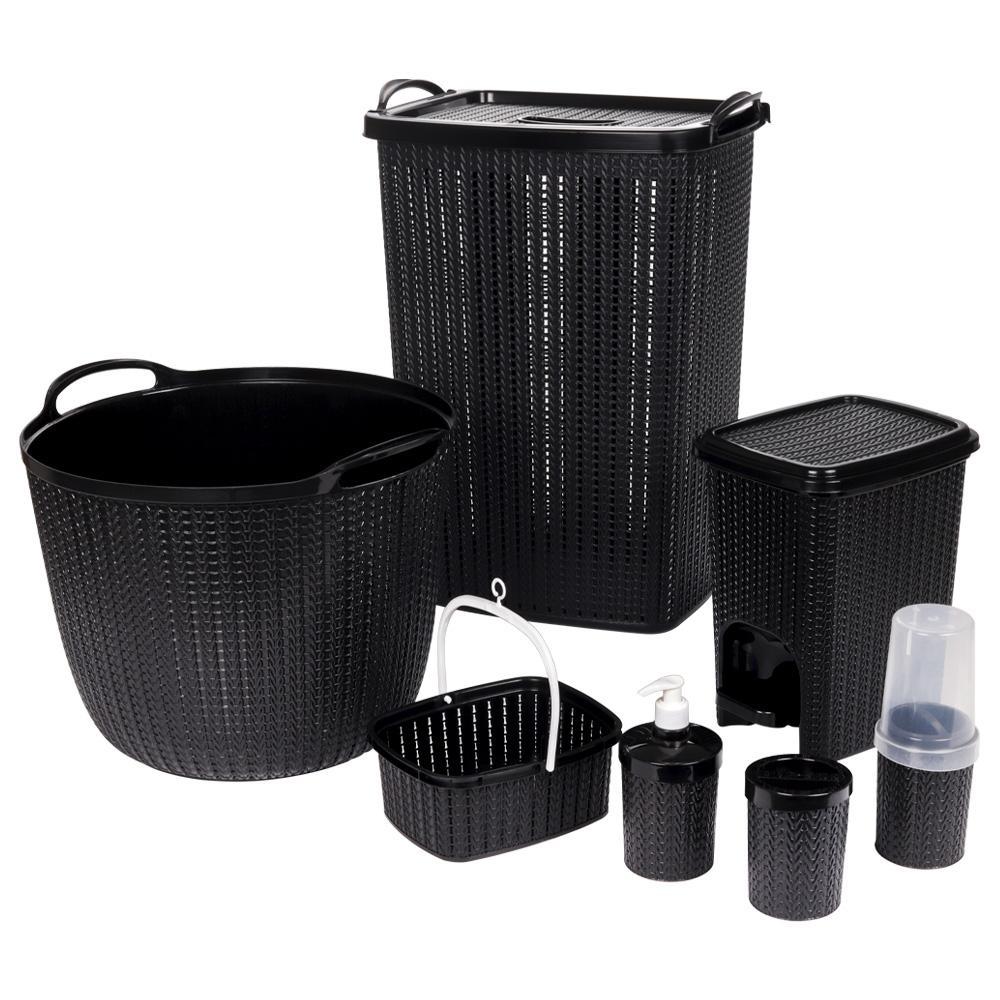kit 7 Peças Cesto Roupas Sujas Prendedor Bacia Lixeira Porta Sabão Organização Banheiro Lavanderia Trama Preto Plasútil