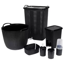 kit 7 Peças Cesto Roupas Sujas Prendedor Bacia Lixeira Porta Sabão Organização Banheiro Lavanderia Trama Preto Plasútil