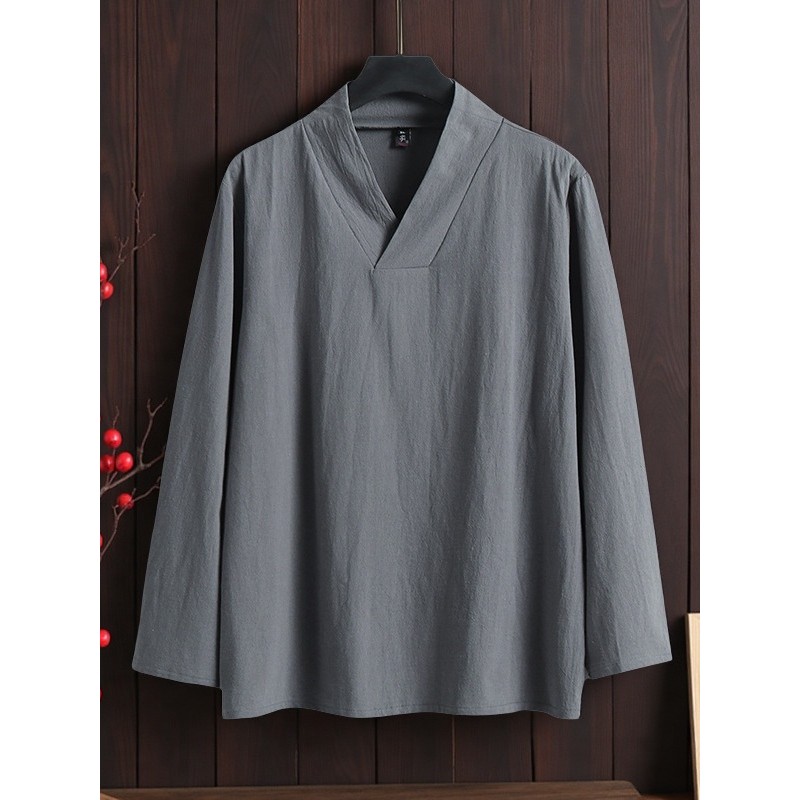 Camisa masculina de tamanho grande com decote em v, roupas masculinas de primavera e outono, Top de algodão e linho de m