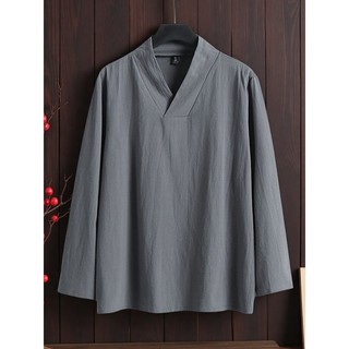 Camisa masculina de tamanho grande com decote em v, roupas masculinas de primavera e outono, Top de algodão e linho de m