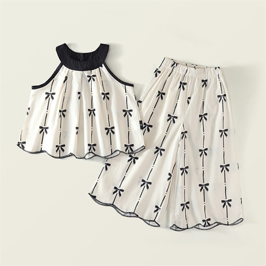 Conjunto De Roupas De Algodão De Verão Para Crianças Com Laço Preto Estampado Top Calças Confortáveis Meninas