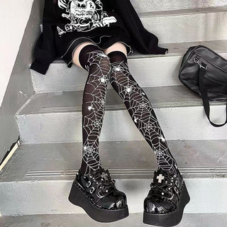 Meias longas com estampa de caveira e aranha, estilo retro, punk, gótico, lolita, subcultura clássica, cor preta, TGFD.
