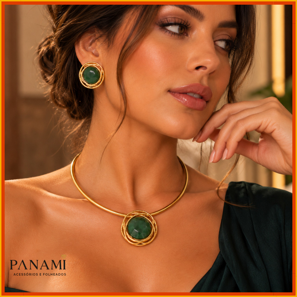 colar choker aro Gargantilha Dourada com Pedra Verde esmeralda e Brinco Conjunto Feminino Aro Rígido Moderno