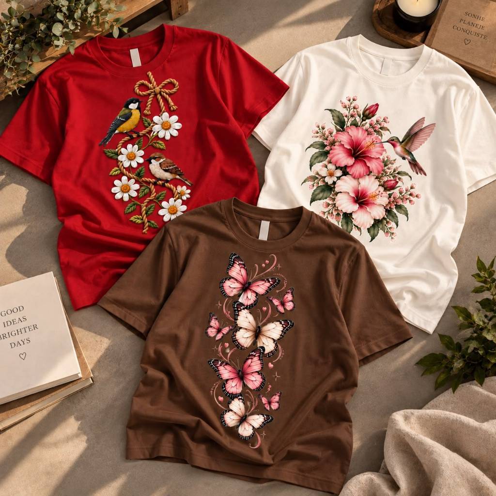 Kit 3 Camisetas Feminina - Encanto da Natureza Estampadas DTF 100% Algodão Premium