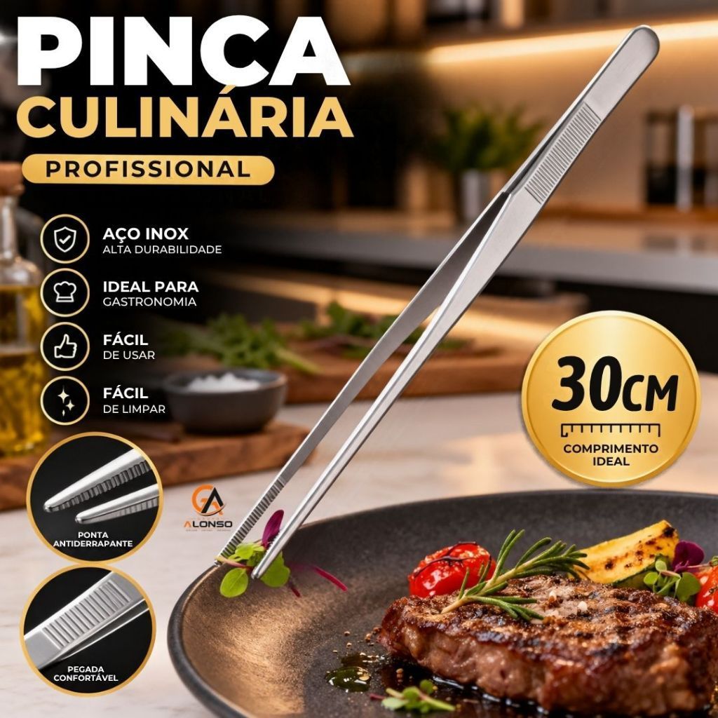Pinça Culinária Profissional em Aço Inox 30cm