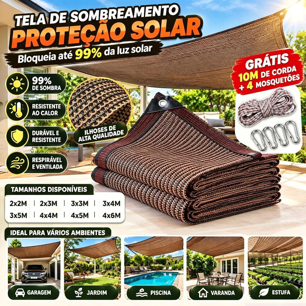 Tela Sombreamento 99% UV para Garagem, Piscina e Jardim, Vários Tamanhos, Instalação Rápida e Resistente