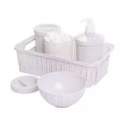 Kit 5 Peças Higiene Bebê Porta Algodão Cotonete Molhadeira Sabonete Cesta Organizadora Enxoval Trama Branco Plasútil