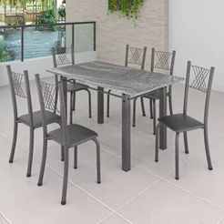 Conjunto Mesa com 6 Cadeiras Tampo de Granito Topázio Sara Yescasa Prata/Preto Liso/Mart Preto/Prata