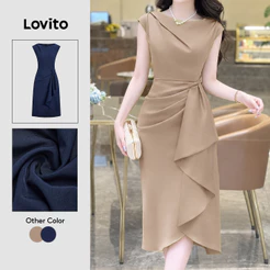 (Elegante) Lovito Vestido Assimétrico com Pregas para Trabalho Na Primavera/verão Vestido caqui L155ED1811