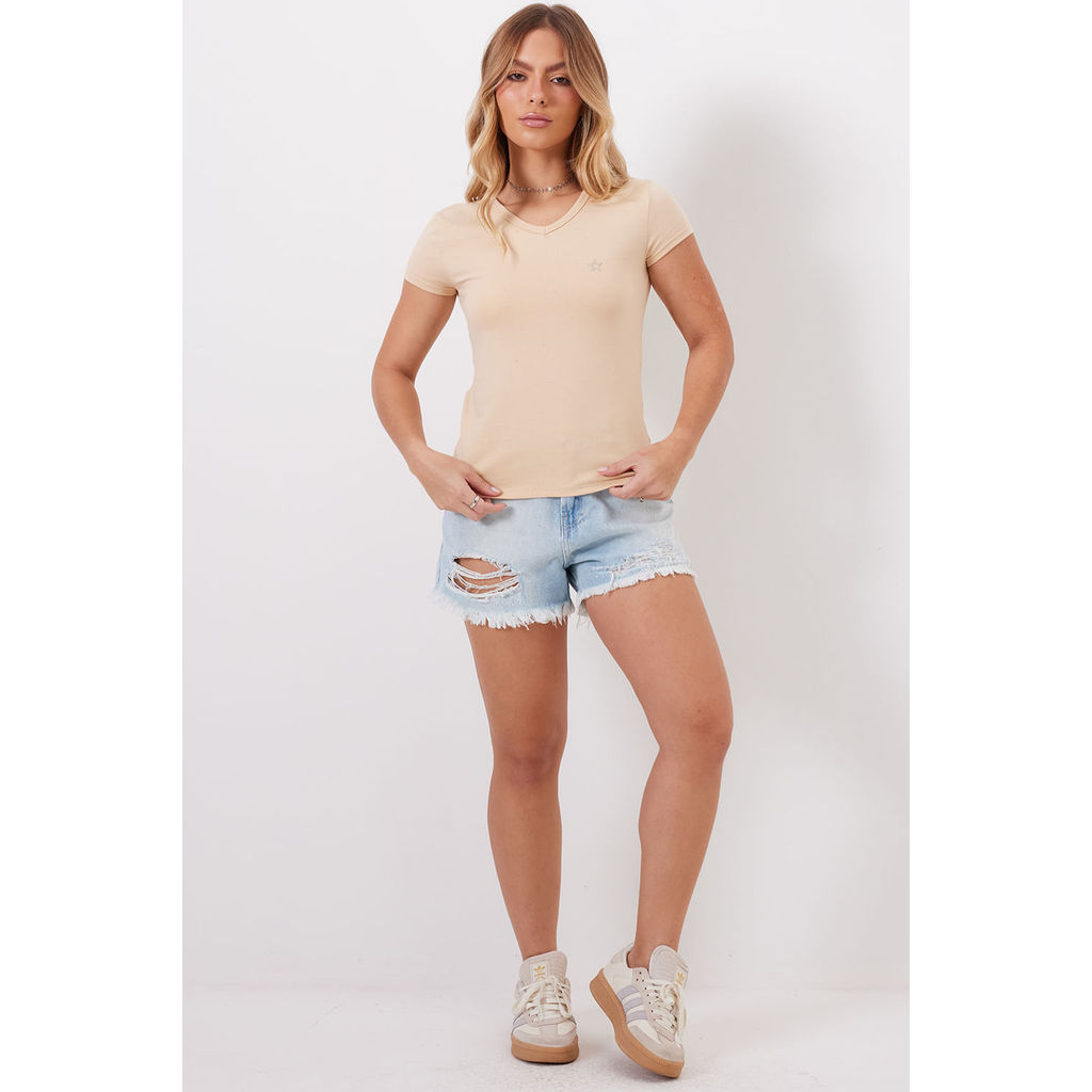 Camiseta Feminina Decote v Planet Girls Bege Médio · foto 2