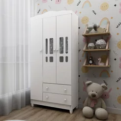 Guarda-Roupa Infantil 3 Portas 2 Gavetas MDF Ariel Branco Branco