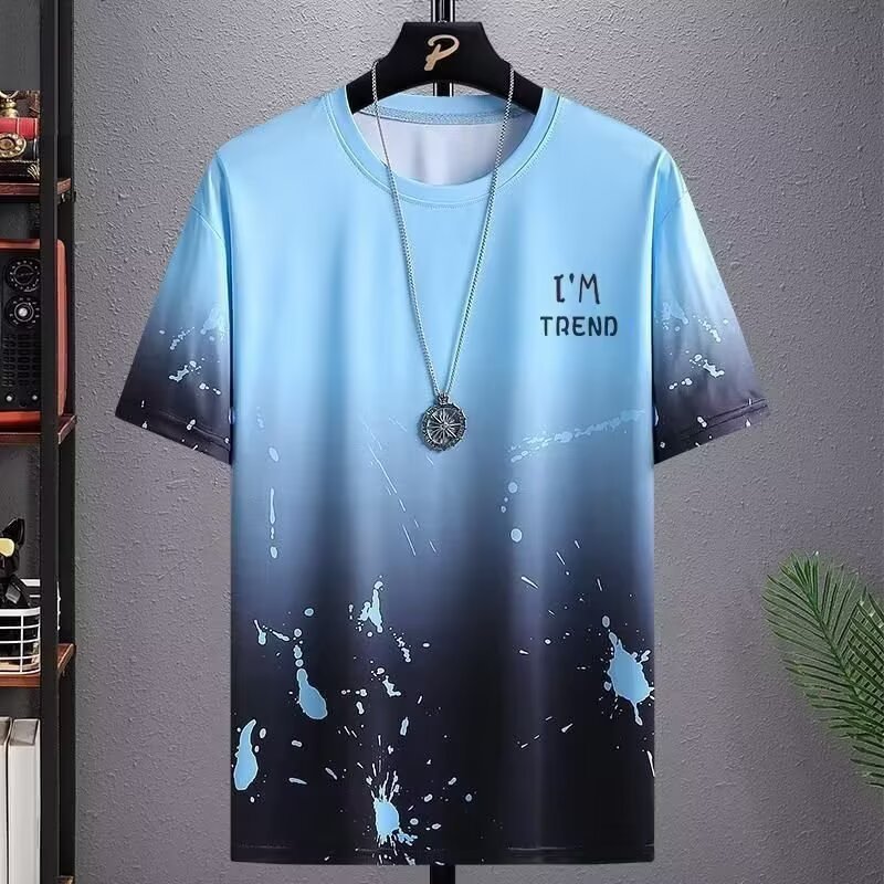 Camiseta masculina verão novo estilo gradiente topo fino camiseta de fundo solto Casual tamanho grande secagem rápida me