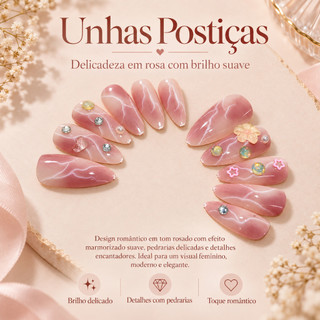 Kit Unhas Postiças de Pressão Amêndoa Rosa, Efeito Craquelado, Strass e Flores