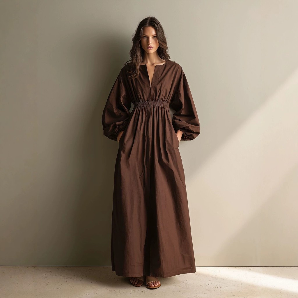 Novo vestido feminino longo, elegante, folgado, de cor lisa, com decote em V e mangas compridas.