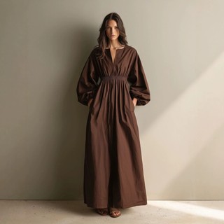 Novo vestido feminino longo, elegante, folgado, de cor lisa, com decote em V e mangas compridas.