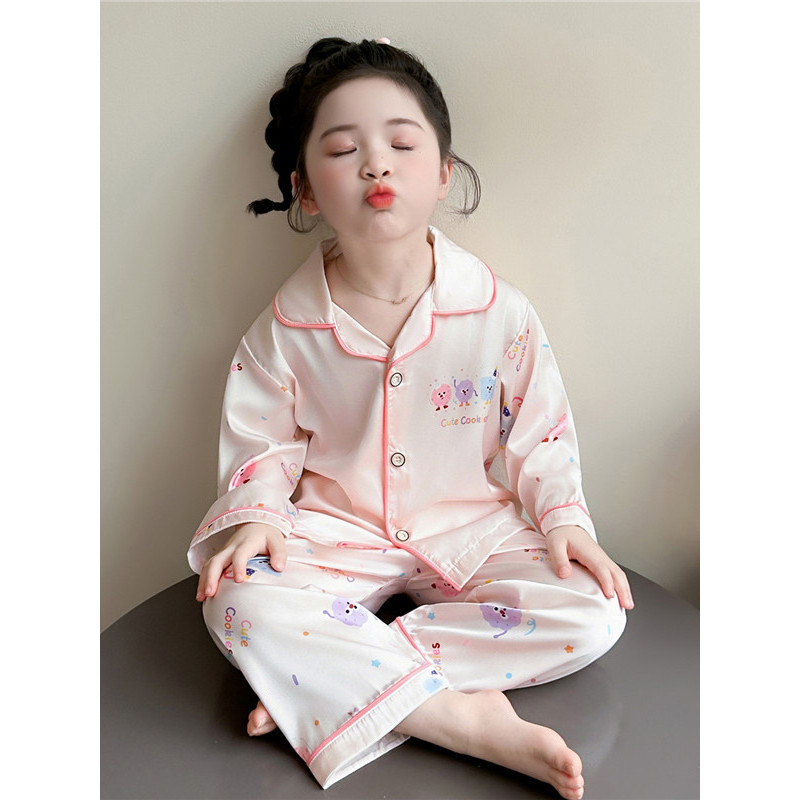 Meninas estilo doce dos desenhos animados impresso pijamas de seda gelo conjunto crianças médias pequenas calças de mang