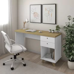 Escrivaninha Mesa Escritório Retrô Sky Home Office 2 Gavetas 135cm Olmo e Branco Artany Olmo/Branco