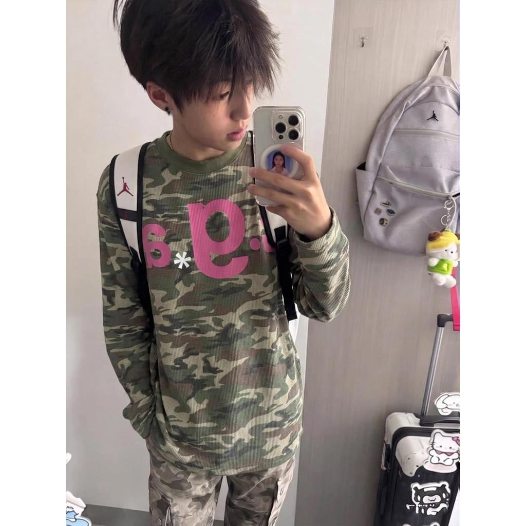 Diário americano Waffle masculino carta impressão camuflagem manga comprida camiseta masculina feminina primavera outono