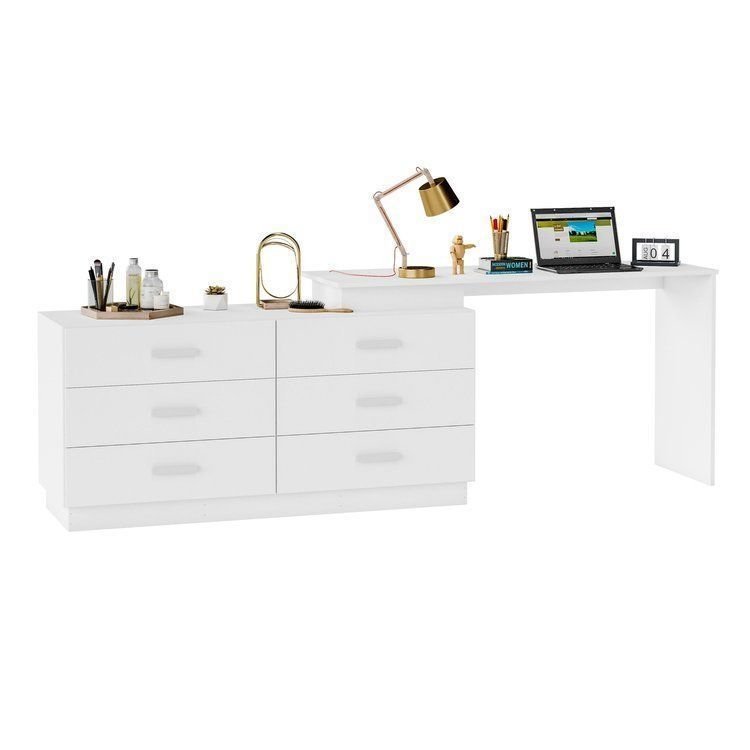 Escrivaninha Mesa Escritório em L com Cômoda Leonie 6 Gavetas 138 cm Yescasa Branco Branco · foto 2